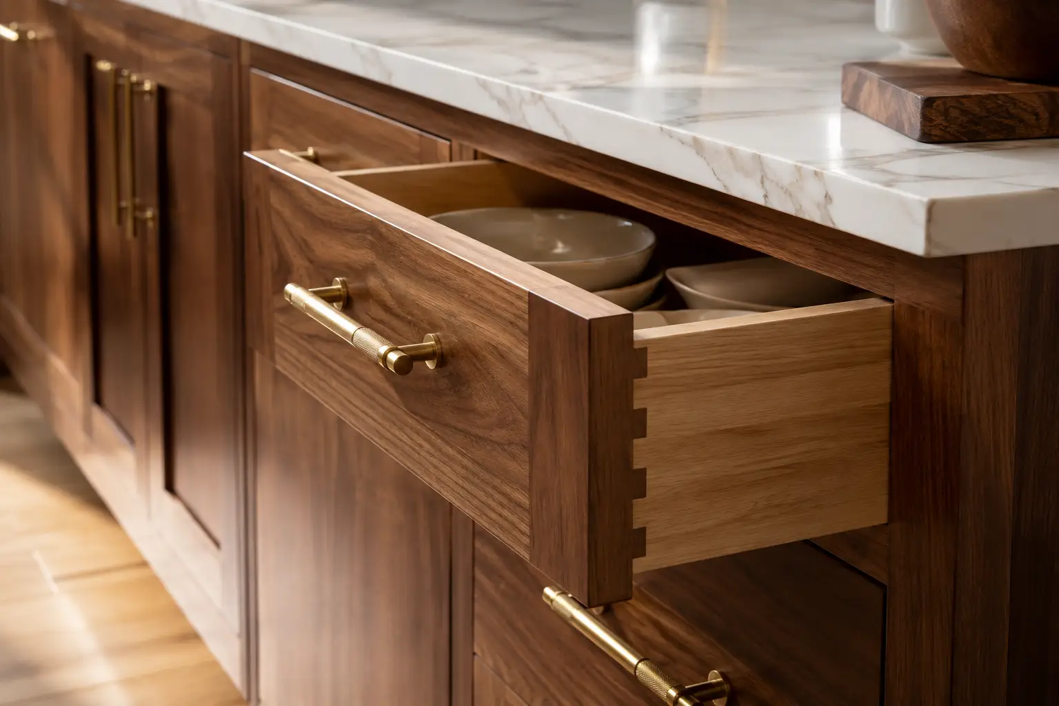 Close up of premium wood cabinet drawer with brass handle